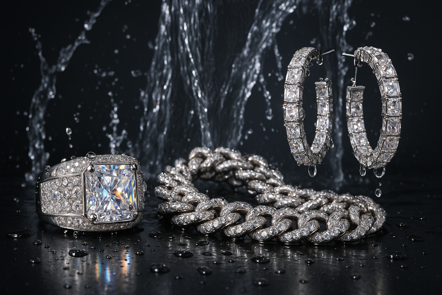 sans ecriture dans l'image et avec des bijoux epais moissanites